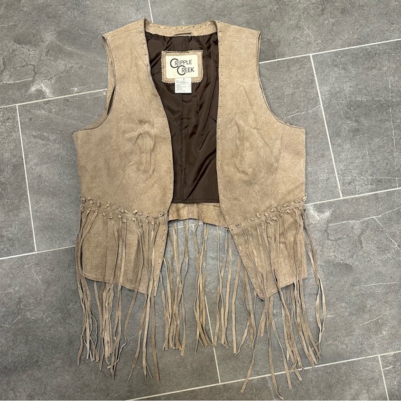 Tan leather western vest long fringe boho cowboy cowgirl - Picture 2 of 10